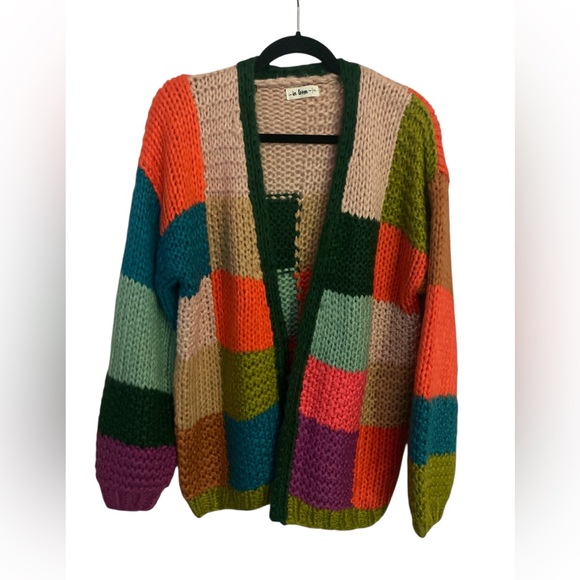 In Bloom Chunky Cardigan Sweater Vibrant Patchwork Design EUC M/L - Picture 3 of 6